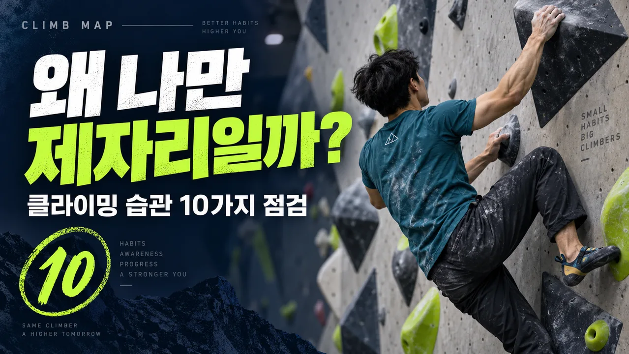 왜 나만 제자리일까? 클라이밍 습관 10가지 점검이라는 문구와 실내 볼더링을 하는 클라이머
