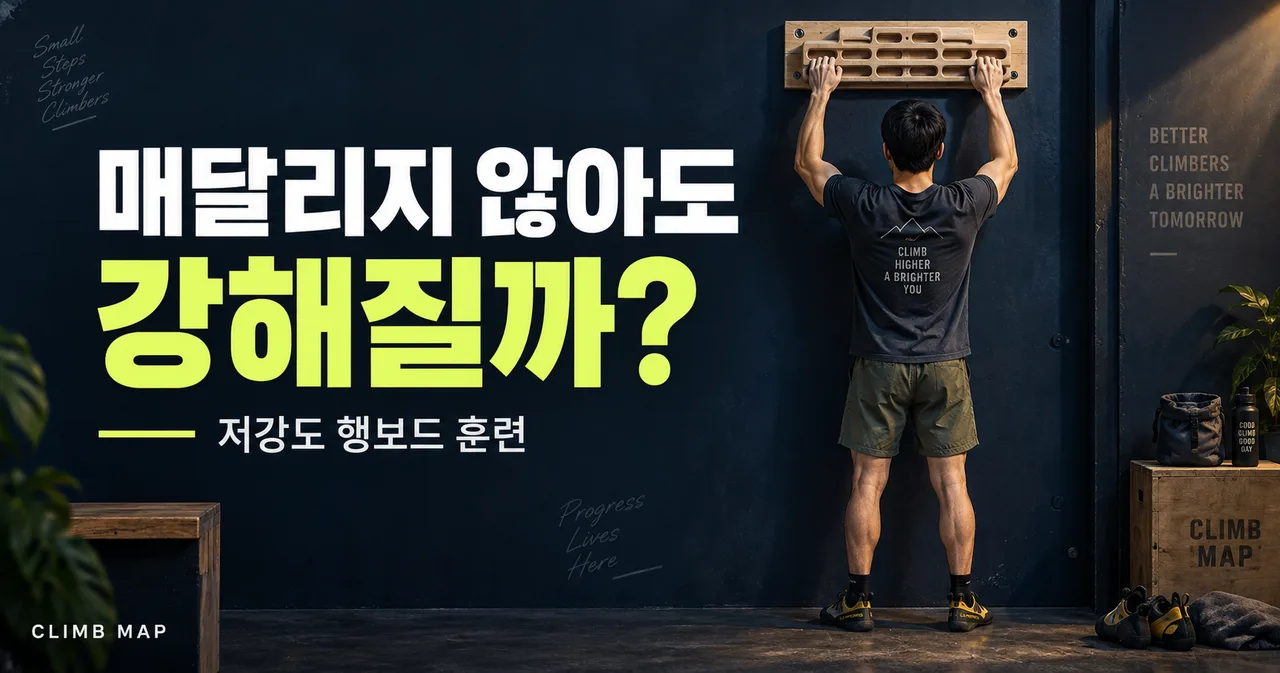매달리지 않아도 강해질까? 저강도 행보드 훈련 문구와 두 발을 바닥에 둔 클라이머